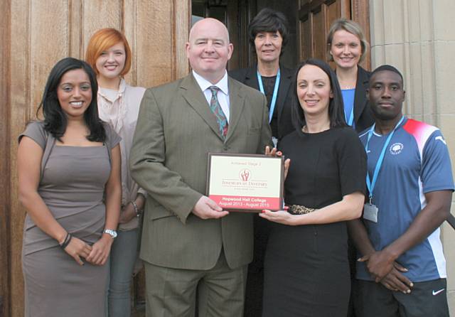 Top row: Harriet Baker (Student Governor), Lesley Hawkins (Hopwood Hall College Assistant Principal), Caroline Street (Hopwood Hall College Director for HR).  Bottom row: Nimisha Mistry (Head of Student Support and Equality), Derek O’Toole (Hopwood Hall College Principal), Caroline Taylor (from Investors in Diversity) and Aaron Stapleton (Student Support Tutor)