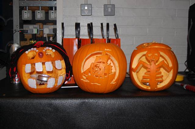 Carved pumpkins: Sweety Face, Pirate Ship and Skeleton