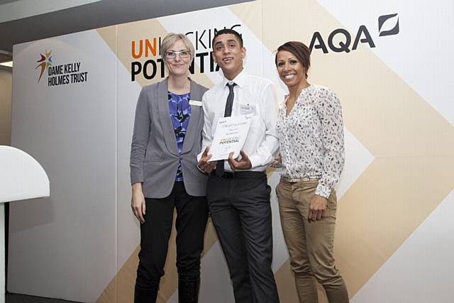 Amirul Alum with Dame Kelly Holme and Sadie Visick from AQA