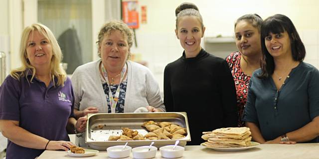 RBH Communities Action Team employees on hand in the kitchen at Turf Hill Initiative Centre (l-r) Ruth Camm, Linda Holcroft, Louise Tattersall, Zahida Bashir, Khalida Crossley