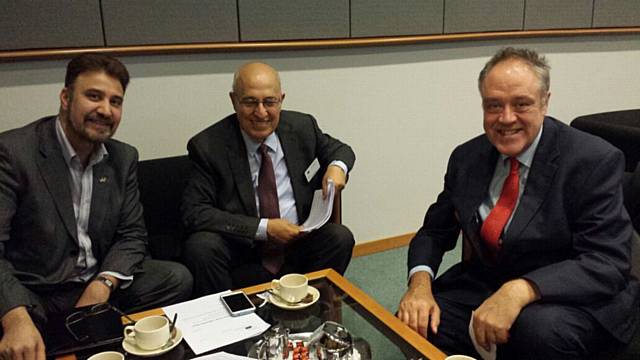 Afzal Khan MEP and Richard Howitt MEP with Palestinian   negotiator, Dr Nabeel Shaath 