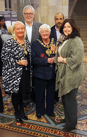 Mayoress of Rochdale, Beverley Place, Roger Baldry, President of Metro Moneywise Credit Union, Mayor of Rochdale Carol Wardle, Rina Paollucci Escobar, board member of Metro Moneywise, and her husband