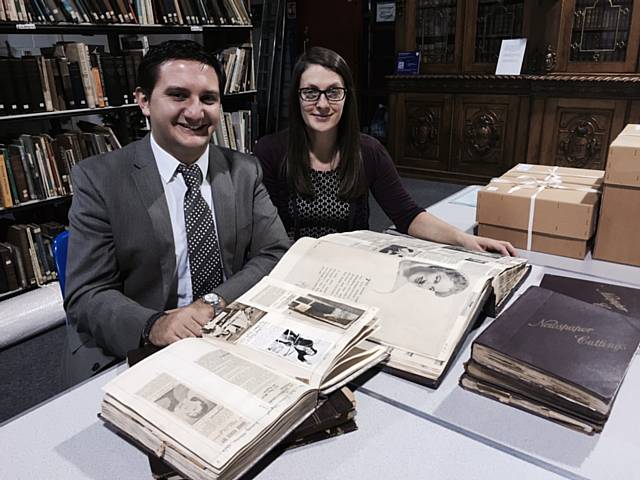 Seb Lassandro (Chairman of the Gracie Fields Appreciation Society) and Sarah Hodgkinson (Resource Officer-Museum) with the Gracie Fields scrapbooks
