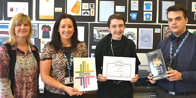 Hopwood Hall College tutor Sharon Drysdale, Frances Fielding from Rochdale Borough Council holding the winning logo, Jack Greenwood and Anthony Jackson of Rochdale Borough Council