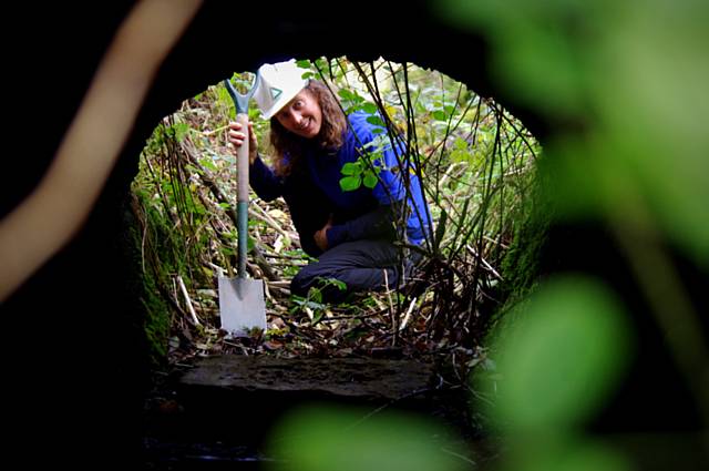 Groundwork staff member Lili Briggs looking through the remains at Jubilee Colliery 
