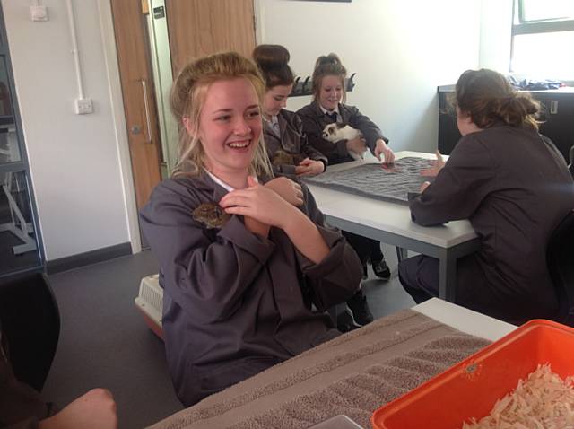 Matthew Moss High School pupils getting to know the animals at Hopwood Hall College’s Life Sciences centre
