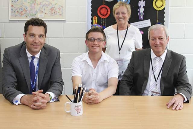 Ed Timpson joins Gary Oliver, Chairman of the Student Council, Marion Sherriff, Chairwoman of Governors and Stuart Pidgeon, Headteacher during his tour of Redwood
