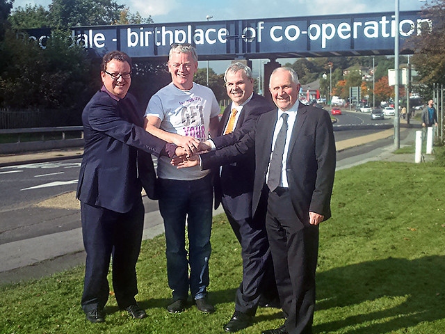 Councillor Andy Kelly, Councillor Richard Farnell and Councillor Ashley Dearnley offer support to Mark Birkett of the Dale Co-operative