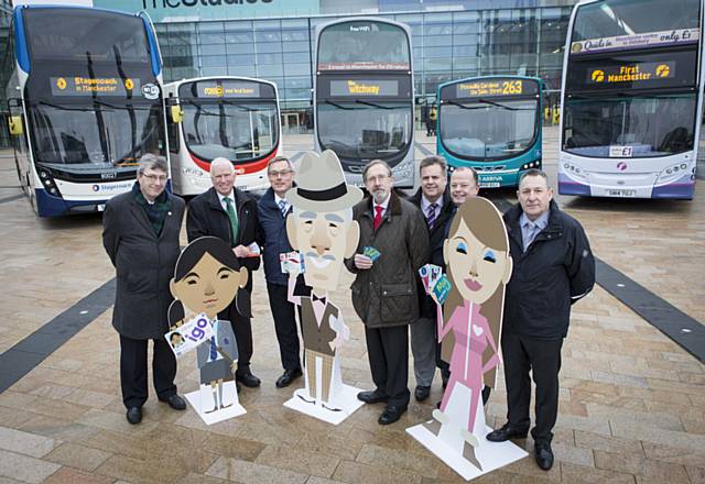 Phil Smith, Managing Director at of Rosso Buses; Chris Bowles, Managing Director of Stagecoach; Trevor Roberts, Chair of Greater Manchester Travelcards Limited; Councillor Andrew Fender, Transport for Greater Manchester Committee Chair; Rick Halsall, Arriva Head of Operations; Adrian Worsfold, Business Manager with First and Graydn Thompson, General Manager of System One Travelcards