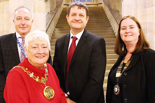 David Wilcock, Head of Legal at Rochdale Borough Council, Mayor Carol Wardle, Andrew Caplen and Pamela Walsh, President of Rochdale Law Association