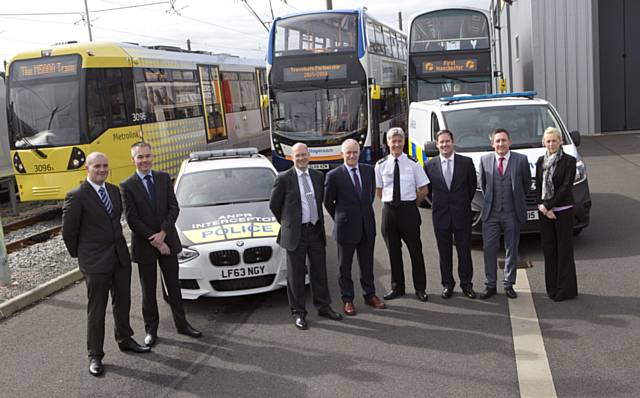 Stagecoach Manchester Head of Service Delivery, Ross Stafford, Stagecoach Manchester Operations Director, Matt Davies, TfGM Chief Executive Officer, Dr Jon Lamonte, TfGM Metrolink Director, Peter Cushing, Chief Superintendent John O’Hare, Managing Director of Metrolink RATP Dev Ltd, Chris Coleman, First Manchester Revenue Protection Manager, Carl Oliver, First Manchester Operations Manager, Vicky Tomlinson