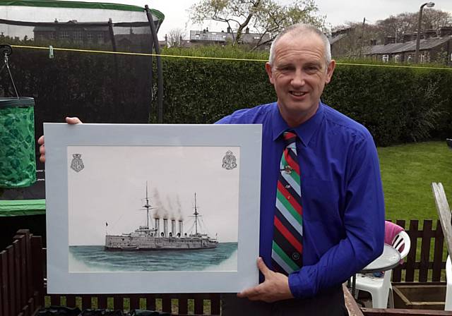 Steve Butterworth with his painting of HMS Euryalus for the centenary of the Gallipoli Campaign