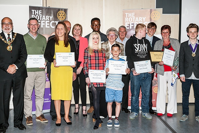 Mayor of Rochdale Surinder Biant, nominees and winners of the Young Citizen of the Year & Citizen of the Year Awards 2015  with members of Rotary Club of Middleton and Ethan Marriott, Member of Youth Parliament for Rochdale