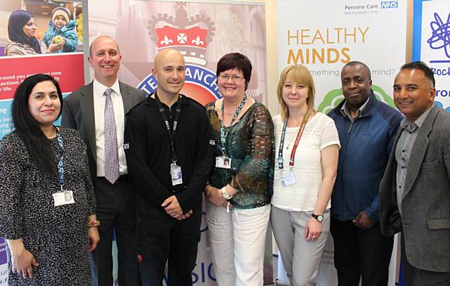Guests and speakers at the conference in Rochdale. (Left to right): Shabnam Sadar, Public Health Manager, Inspector Andy Riley, GMP, Chris Hill, GMP, Councillor Janet Emsley, Penny Strickett, Rochdale and District Mind, Herbert McKenzie, Rochdale District Mind, Ajit Rughoo from Healthy Minds.