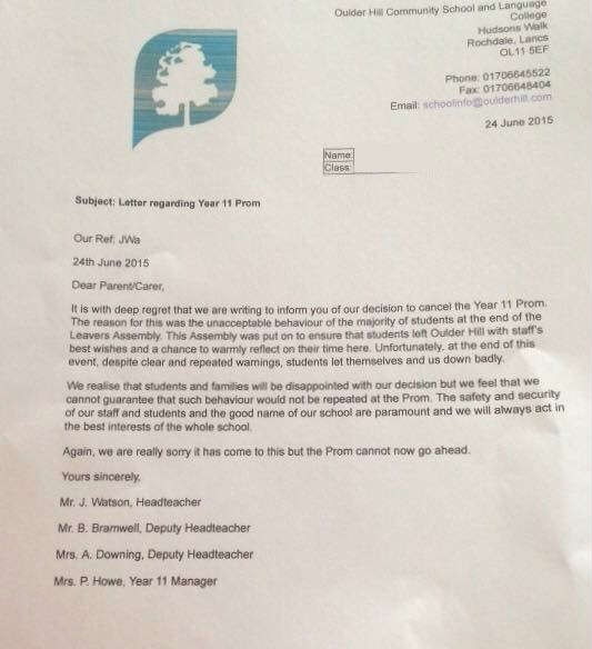 Letter sent to parents by Oulder Hill Community School
