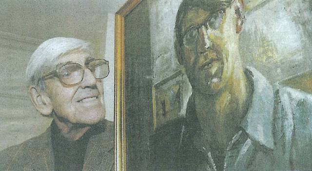 Stanley Warburton (1919-2012) with his self-portrait as a young man at his final one man exhibition ‘An Art Defined’ in April 2012