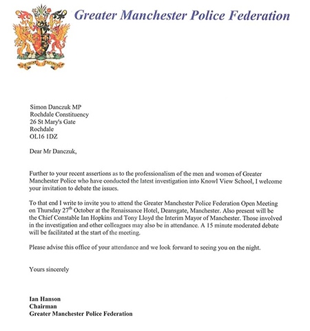 Letter from Chairman of Greater Manchester Police Federation to Simon Danczuk