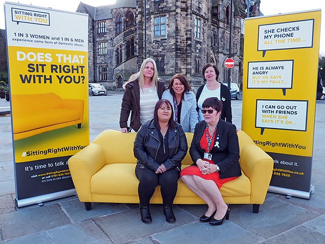 Councillor Janet Emsley (seated right) with domestic abuse survivor (seated left) with Nicky Howarth from Early Breaks and Jane Honeyford and Jenny Miller, Freedom Facilatators from Rochdale Connections Trust