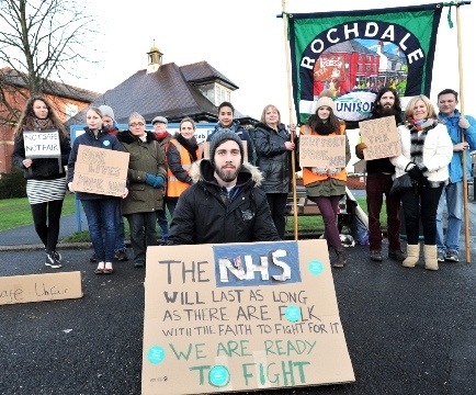 Dr Rory Hicks and supporters outside the Royal Oldham Hospital