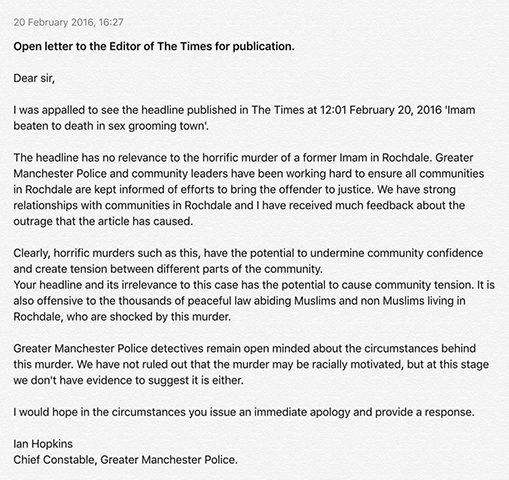 Chief Constable of Greater Manchester Police, Ian Hopkins, open letter to the Editor of The Times