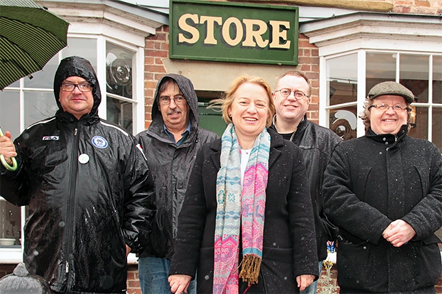 The Leader of the Green Party Natalie Bennett with local party members outside the Co-operative Museum on Toad Lane
