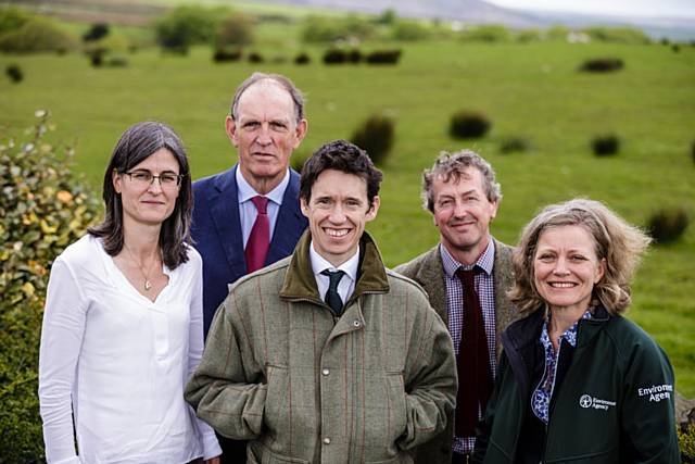 Environment Minister Rory Stewart with from l to r: Sarah Fowler Chief Executive of the Peak District National Park; Chairman of Natural England Andrew Sells; Chris Dean Moors for the Future Partnership Manager and Emma Howard Boyd, Acting Chair of the Environment Agency
