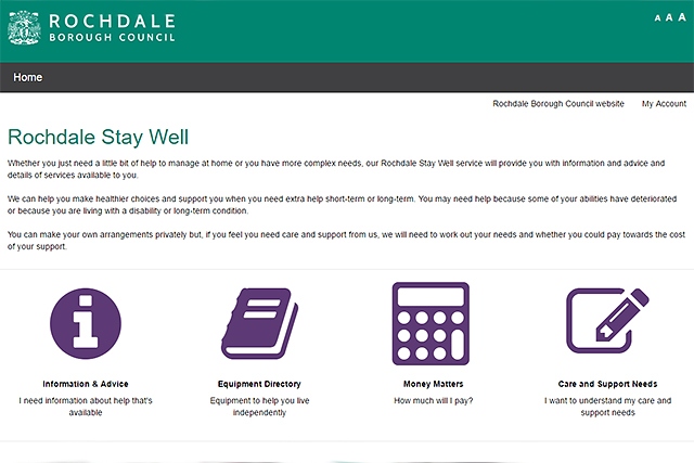 Screenshot of council adult care web page