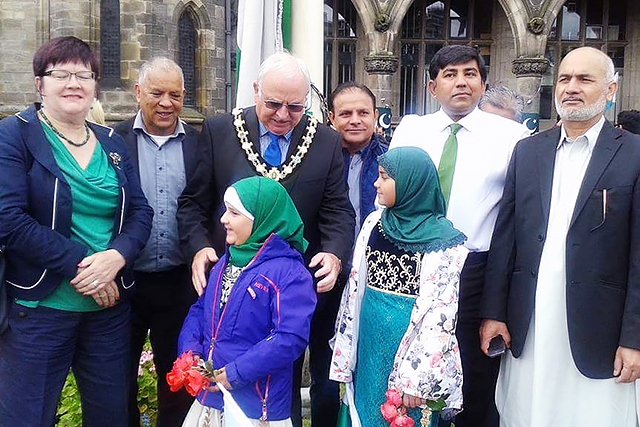 The Mayor and councillors at the Pakistani Flag raising at Rochdale Town Hall