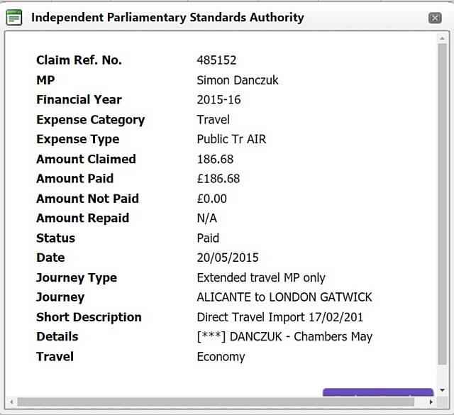 Danczuk claimed £186.68 for a flight from a family holiday in Alicante