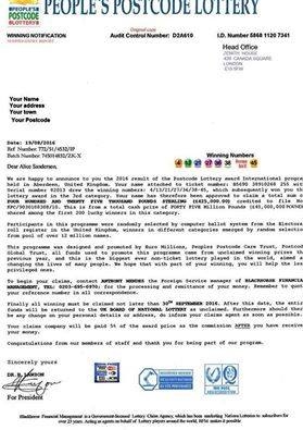Postcode lottery letter scam