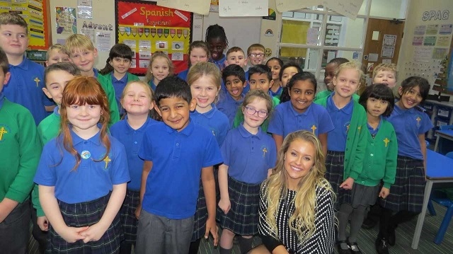 Jessica Lord with pupils from St Patrick’s RC Primary School  