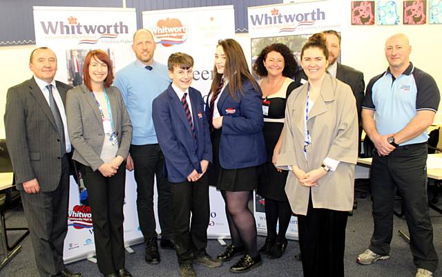 Andy Hall from Anglo Recycling, Charlotte Ainsworth from Burnley College, Peter Boys from Boys Construction, Year 10 students Joe Reeve and Jessica Barrett, Penny Heys from Careers and Enterprise Company, Laura Grenaghan, Whitworth Community High School’s Careers Advisor, Fabian Wallbank from Department for Work and Pensions and Mike Smith from the RAF
