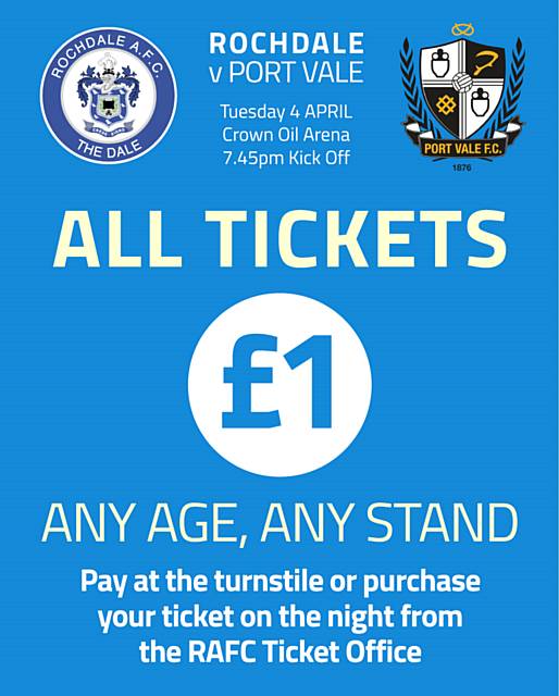 Watch Rochdale's League One fixture v Port Vale on 4 April for just £1