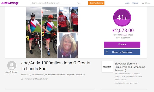 Joe Coleman and Andrew Derby are cycling 1,000 miles to raise funds for Bloodwise in memory of Maggie, Joe's late wife.