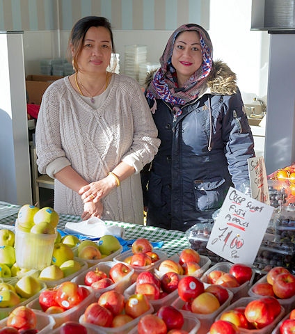 Kanchana Grorizer and Faiza Khan serve up 5 day at the new greengrocers in Rochdale Market