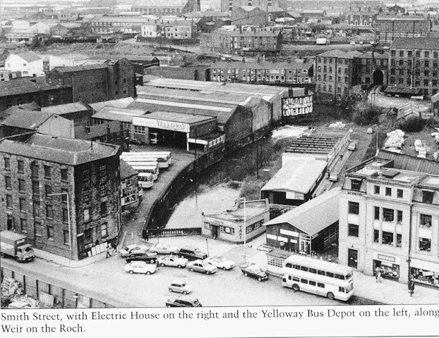 Weir street site as it appeared between 1927, when Yelloway moved there and the 1950s Weir Street Yelloway office - Yelloway Motor Services Ltd booking office, (centre/at rear of bus) as it was in the 1960s before the new travel centre was established in the old mill. Note the Rochdale Corporation bus awaiting departure on the 24 route to Manchester