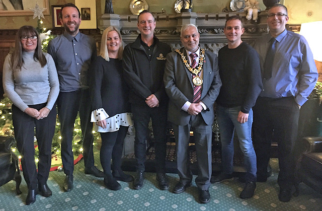 Left-Right: Jayne May and Paul Ambrose from Rochdale Town Centre Management, Heidi Crompton (The Baum), Geoff Dardis (The Medicine Tap), Mayor Mohammed Zaman, Michael Howarth (Vicolo & The Wellington), Chris Riley (The Regal Moon)