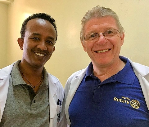 Mr Tony Clayson (right) seeing patients and doing ward rounds with a colleague from the Orthopaedic Unit in Hawassa