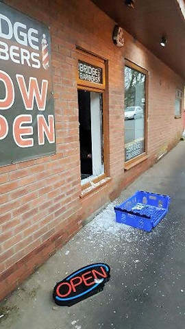 A window was smashed at the Bridge Barbers in Norden 