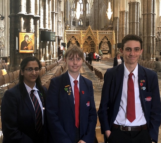 Whitworth students Fatima Shaw, Megan Lucas and Oliver Norris inside Westminster Abbey for the Stephen Hawking Memorial Service
