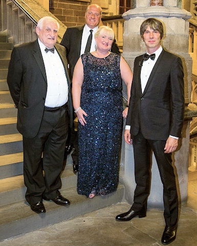 Harry Bell, Chris Bell and Louise Scott with Professor Brian Cox 