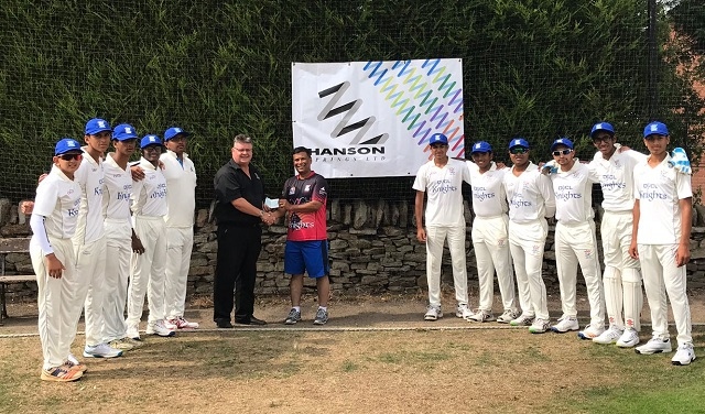 Dexter Fitton of Hanson Springs hands the sponsorship cheque to touring coach Asif Mujtaba who was professional at Norden for 11 years, watched by the Dallas Knights under 17s players