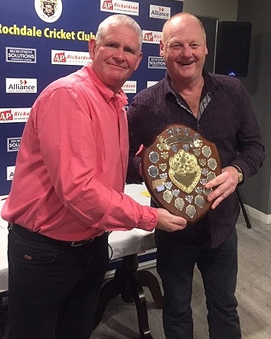 Derek Whitehead receives his trophy from Cricket Chairman Mark Reynolds