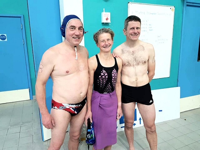 Mick Hyde, Helen Hyde and Pete Dukes of Rochdale Underwater Hockey Club