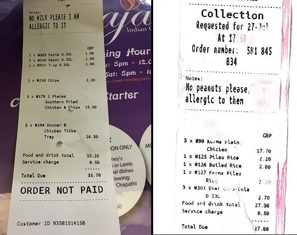 The receipts for the milk order (left) and the peanut order (right)