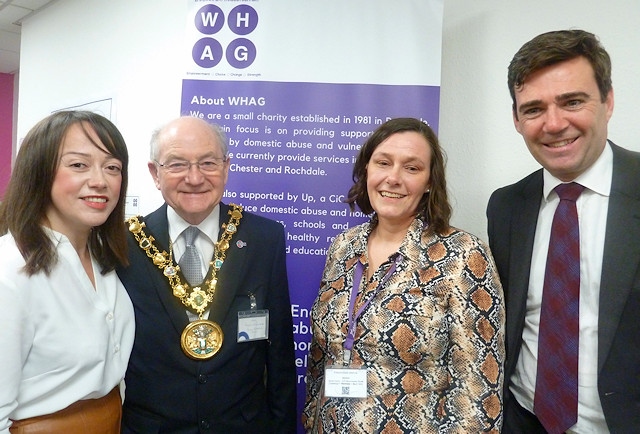 Hazel Waddington, Rochdale Mayor Billy Sheerin, Kirsty Rhodes and Metro Mayor Andy Burnham at the new office opening