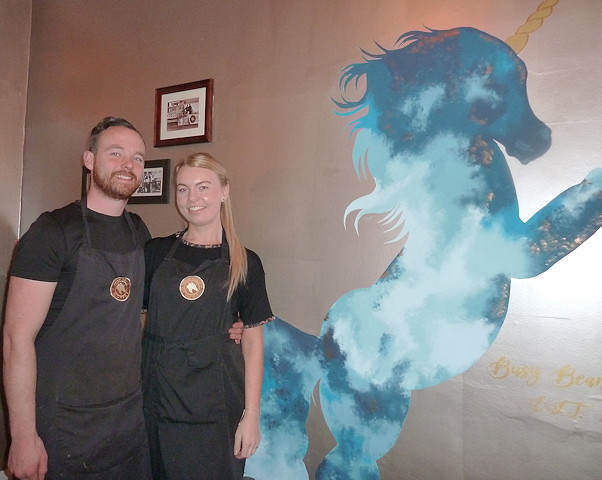 Becky and Danny O’Neill with their unicorn logo
