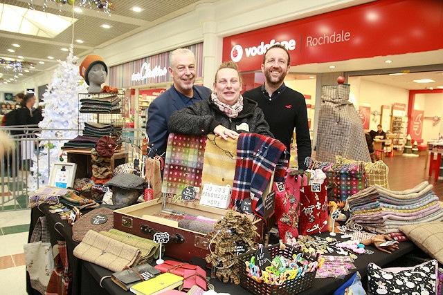 Paul Ambrose, Rochdale BID manager,poses with Jo Jo from Jo Jo’s Handmade House and Lorenzo O’Reilly, Rochdale Exchange Shopping Centre Manager, at last year’s small business market
