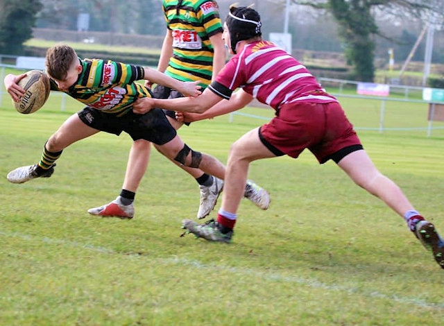 Jack Bennetta finding his way to the try line - Littleborough Rugby Union Under 15 boys