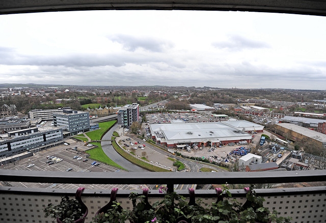 View from Seven Sisters tower block towards Rochdale Sixth Form College, Hopwood Hall College and Touchstones Museum